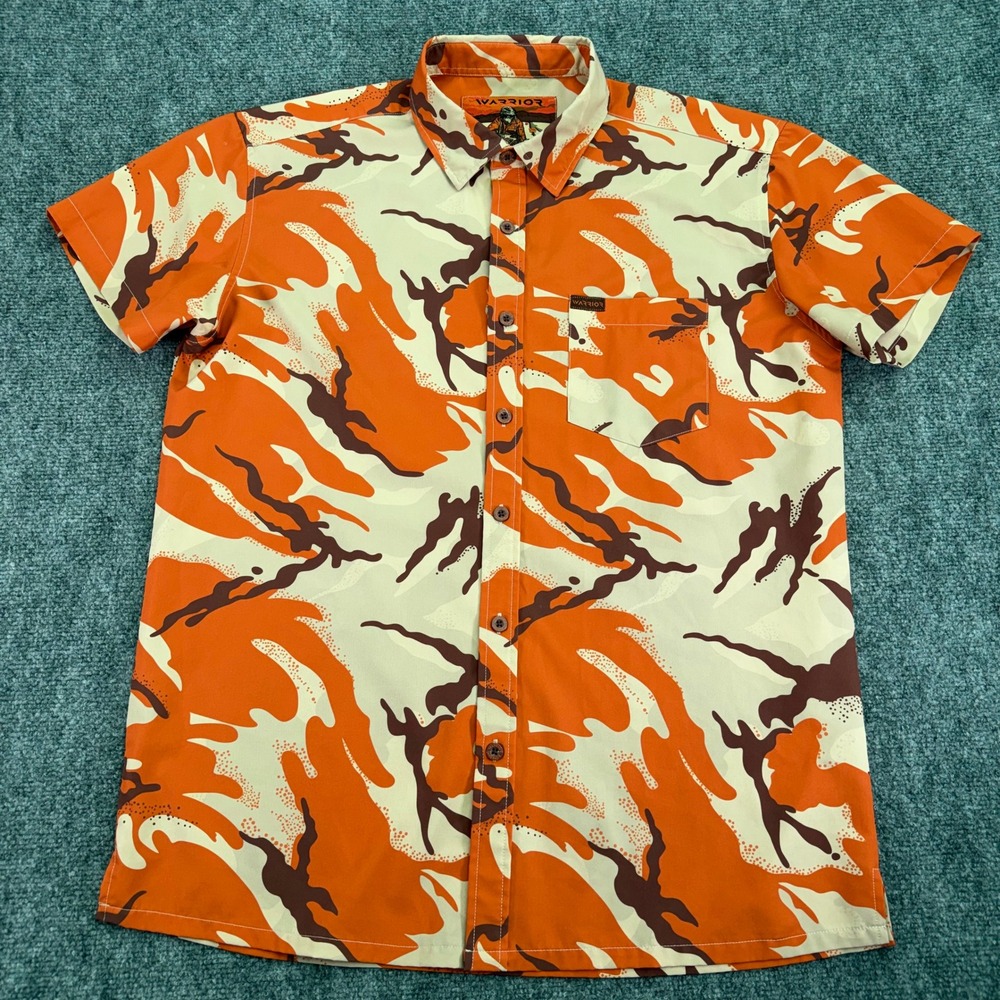 Warrior Shirt Mens Large Orange Camo Paintball Stretch Button Up Short Sleeve